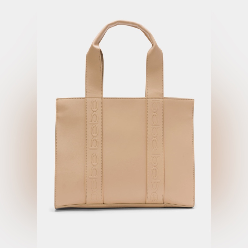 NWT Bebe Hana Tan Polyurethane Tote Bag Large Logo Debossed